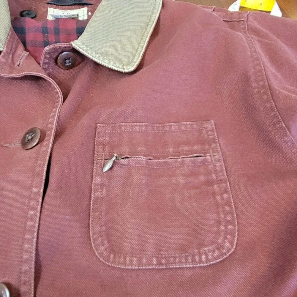LL Bean Women Plaid Lined Barn Jacket Medium Burgundy Cotton Canvas Chore Coat